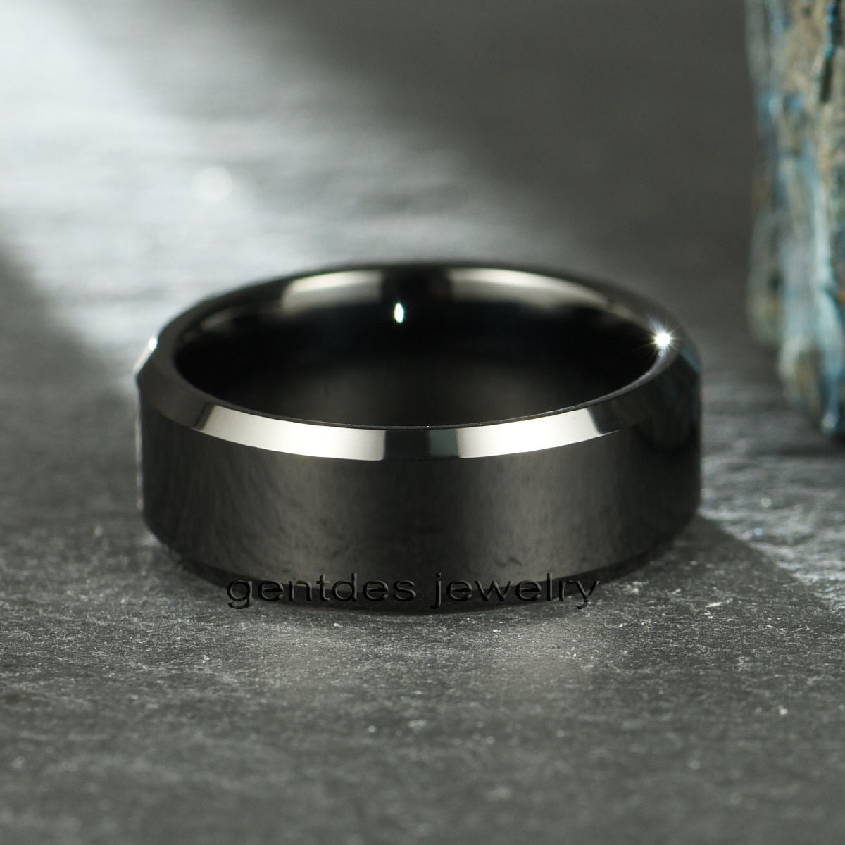Men's Wedding Band Classic Black Tungsten Carbide Ring Comfort Fit Beveled Edges Christian Parties