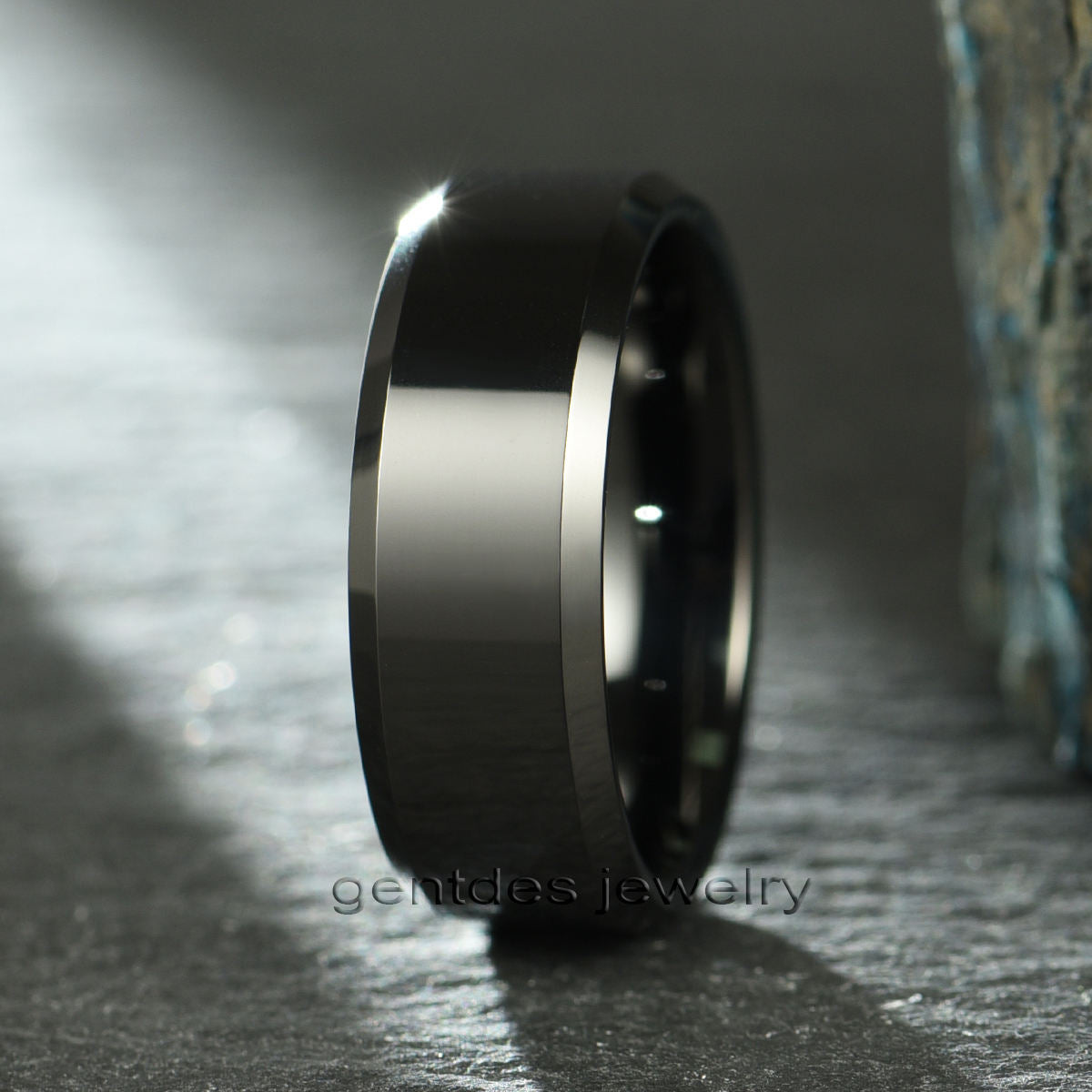 Men's Wedding Band Classic Black Tungsten Carbide Ring Comfort Fit Beveled Edges Christian Parties