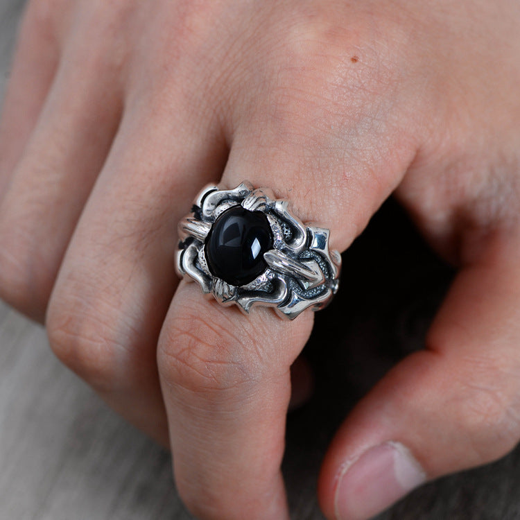 Men's Retro Alloy Stainless Steel Index Finger Ring with Dragon Claw Setting Stylish Gemstone Ring for Clubbing Trendy Ring