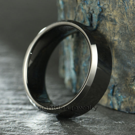 Men's Wedding Band Classic Black Tungsten Carbide Ring Comfort Fit Beveled Edges Christian Parties